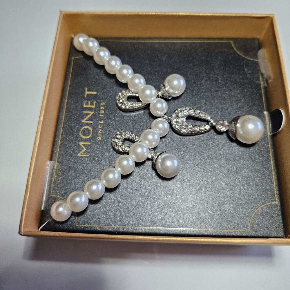 **Last Chance!! Final Sale** Monet Faux Pearl Crystal Necklace Earring Set NIB - Picture 14 of 15